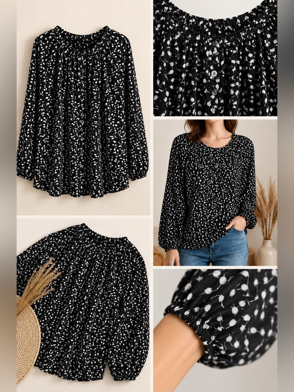 Style & Co. Black and White Printed Peasant Blouse